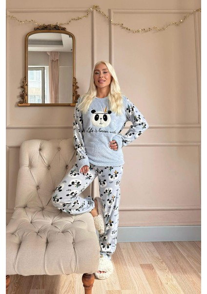 Life Panda Desenli Kadın Peluş Pijama Takımı