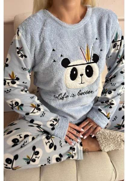 Life Panda Desenli Kadın Peluş Pijama Takımı