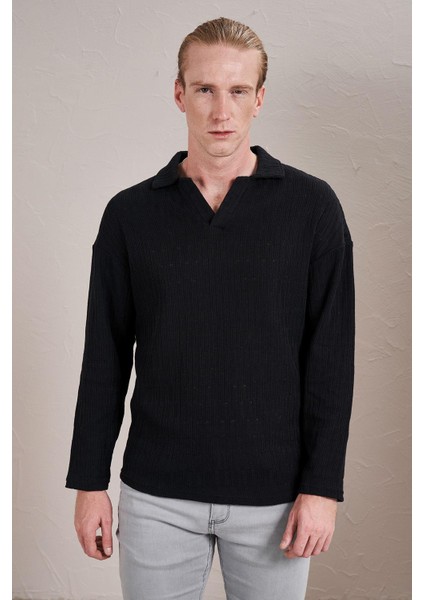 Erkek Siyah Polo Yaka Uzun Kollu Jakar Sweatshirt