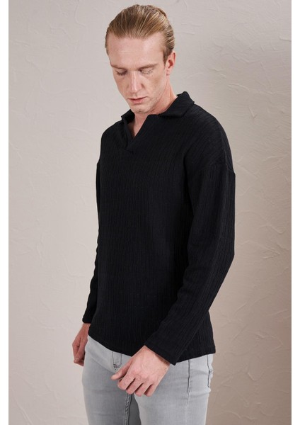 Erkek Siyah Polo Yaka Uzun Kollu Jakar Sweatshirt fırsatları