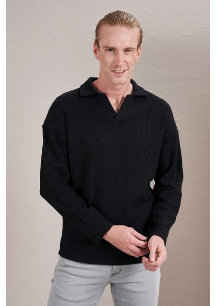Erkek Siyah Polo Yaka Uzun Kollu Jakar Sweatshirt indirimleri