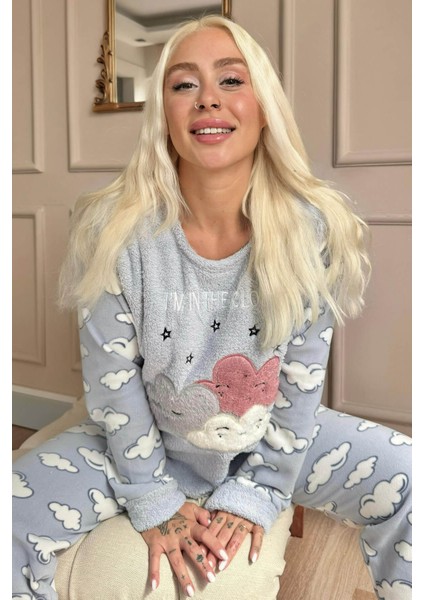 Pijama Evi Mavi Moon Cloud Desenli Kadın Peluş Pijama Takımı