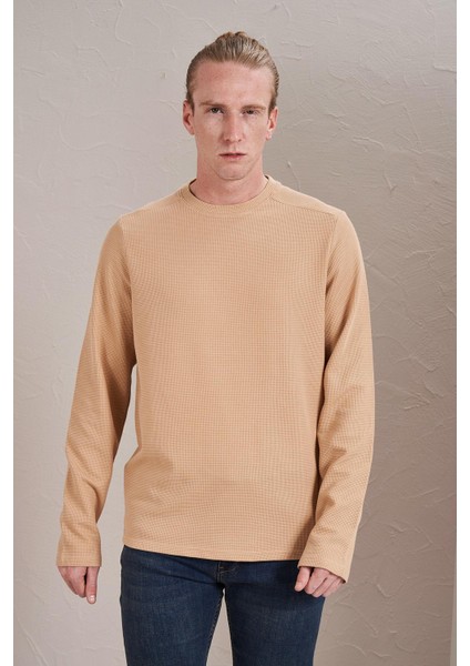 Erkek Bej Bisiklet Yaka Waffle Sweatshirt