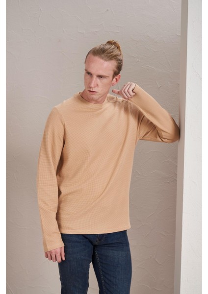 Erkek Bej Bisiklet Yaka Waffle Sweatshirt fırsatları