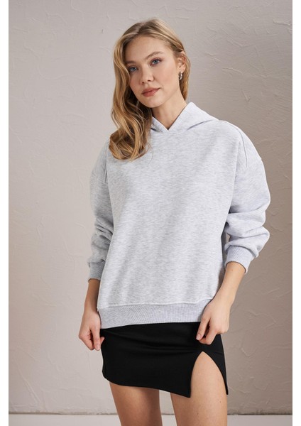 Kadın Kar Melanj Kapüşonlu Oversize Basic Sweatshirt