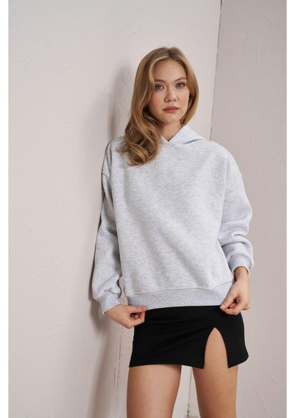 Kadın Kar Melanj Kapüşonlu Oversize Basic Sweatshirt