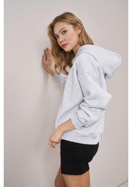 Kadın Kar Melanj Kapüşonlu Oversize Basic Sweatshirt