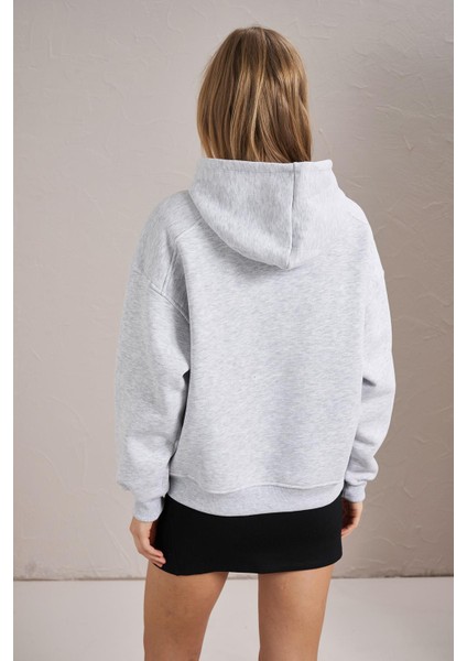 Kadın Kar Melanj Kapüşonlu Oversize Basic Sweatshirt