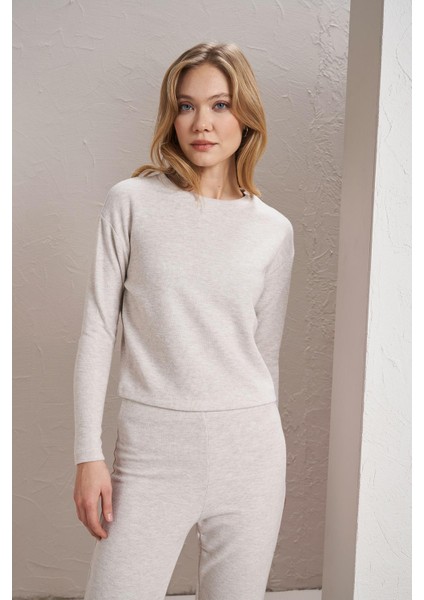 Kadın Bej Melanj Bisiklet Yaka Selanik Kumaş Basic Sweatshirt fiyatları