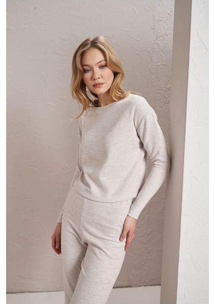 Kadın Bej Melanj Bisiklet Yaka Selanik Kumaş Basic Sweatshirt modelleri