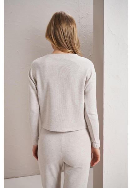 Kadın Bej Melanj Bisiklet Yaka Selanik Kumaş Basic Sweatshirt indirimleri