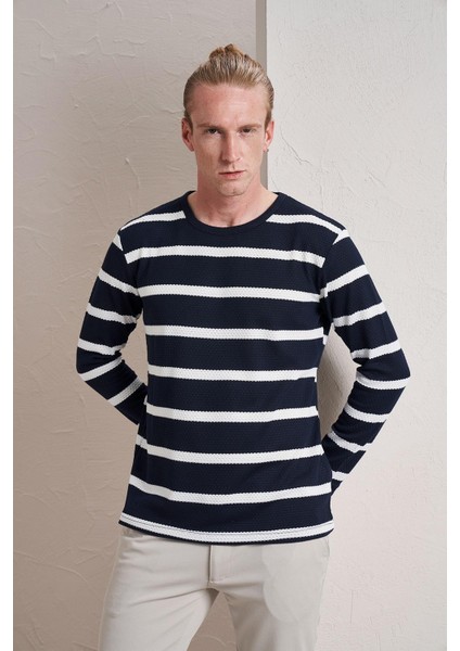 Erkek Lacivert Bisiklet Yaka Yatay Çizgili Waffle Sweatshirt
