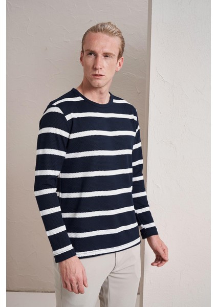 Erkek Lacivert Bisiklet Yaka Yatay Çizgili Waffle Sweatshirt fiyatları