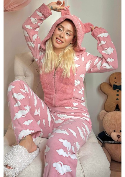 Bulut Desenli Kadın Polar Peluş Tulum Pijama Takımı XL
