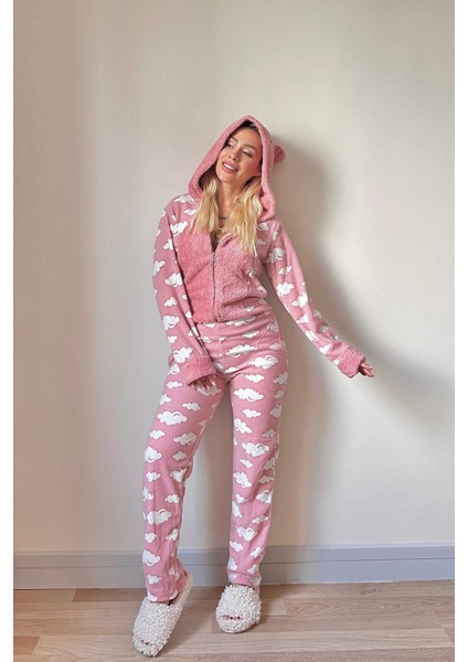 Bulut Desenli Kadın Polar Peluş Tulum Pijama Takımı XL fiyatları
