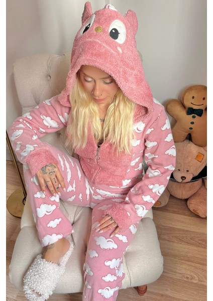 Bulut Desenli Kadın Polar Peluş Tulum Pijama Takımı XL indirimleri