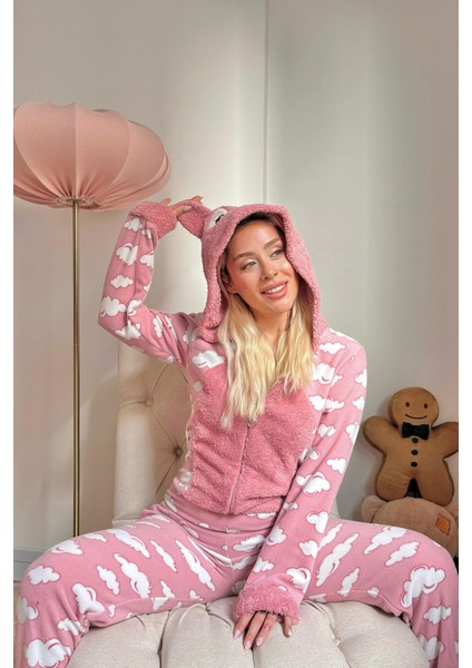 Bulut Desenli Kadın Polar Peluş Tulum Pijama Takımı S