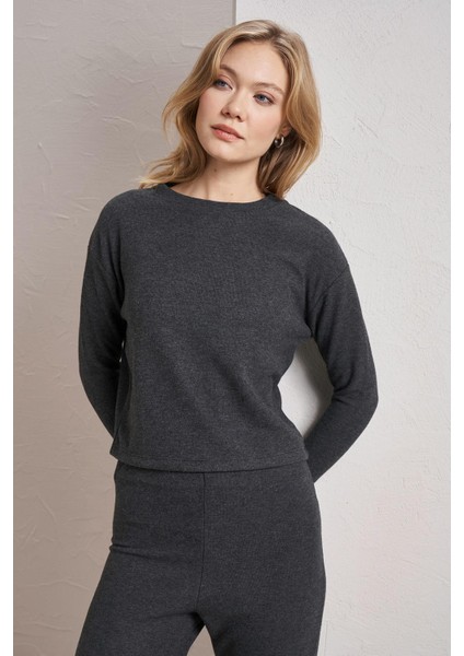 Kadın Siyah Melanj Bisiklet Yaka Selanik Kumaş Basic Sweatshirt