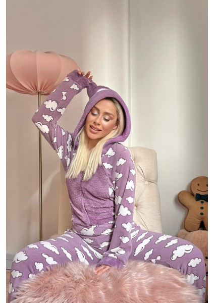 Mor Bulut Desenli Kadın Polar Peluş Tulum Pijama Takımı modelleri