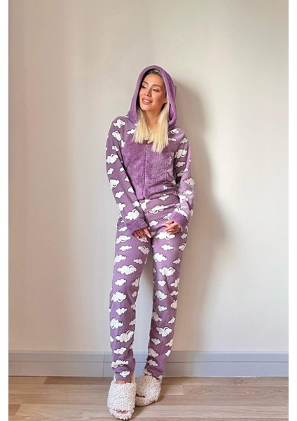 Mor Bulut Desenli Kadın Polar Peluş Tulum Pijama Takımı indirimleri