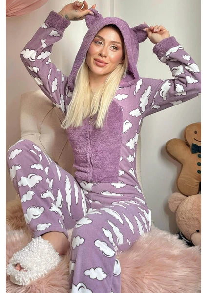 Pijama Evi Mor Bulut Desenli Kadın Polar Peluş Tulum Pijama Takımı