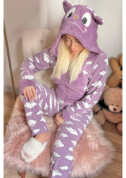 Mor Bulut Desenli Kadın Polar Peluş Tulum Pijama Takımı