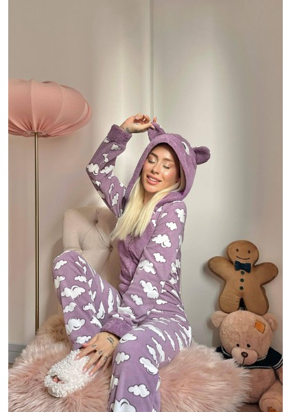 Mor Bulut Desenli Kadın Polar Peluş Tulum Pijama Takımı