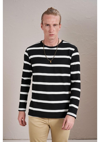 Erkek Siyah Bisiklet Yaka Yatay Çizgili Waffle Sweatshirt