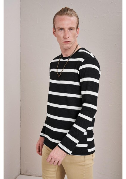 Erkek Siyah Bisiklet Yaka Yatay Çizgili Waffle Sweatshirt fiyatları