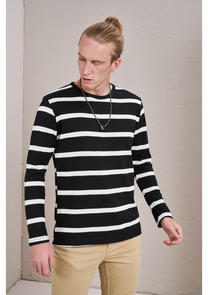 Erkek Siyah Bisiklet Yaka Yatay Çizgili Waffle Sweatshirt modelleri