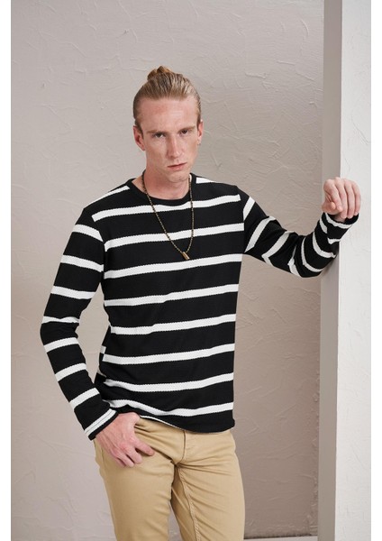 Erkek Siyah Bisiklet Yaka Yatay Çizgili Waffle Sweatshirt fırsatları