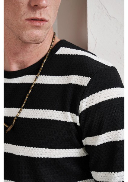 Erkek Siyah Bisiklet Yaka Yatay Çizgili Waffle Sweatshirt indirimleri