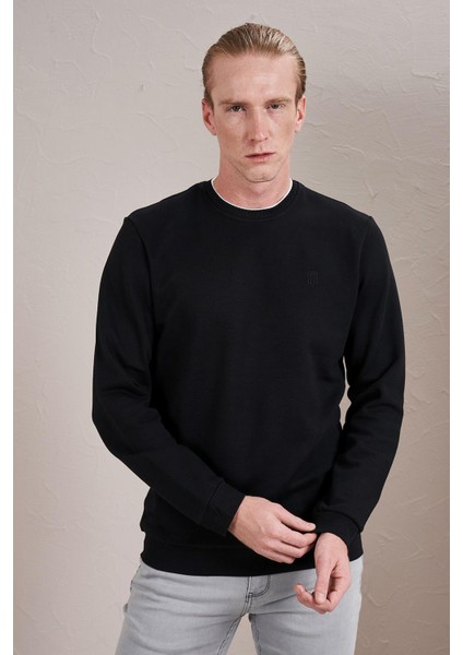 Erkek Siyah Bisiklet Yaka Interlok Trikolu Sweatshirt