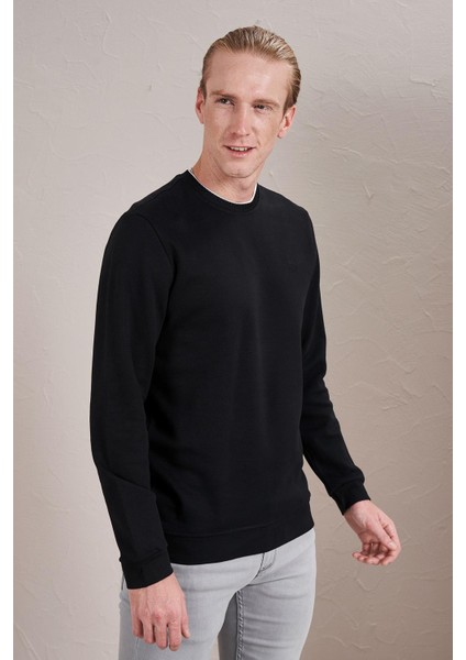 Erkek Siyah Bisiklet Yaka Interlok Trikolu Sweatshirt fiyatları