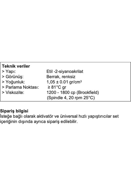 Hızlı Yapıştırıcı Seti 200ml+50Gr 5'Li Avantaj Paket modelleri