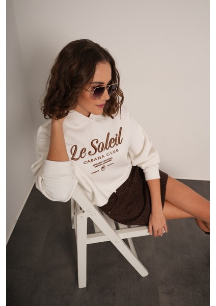 Le Soleil Nakışlı Kapüşonlu Ekru Crop Sweatshirt