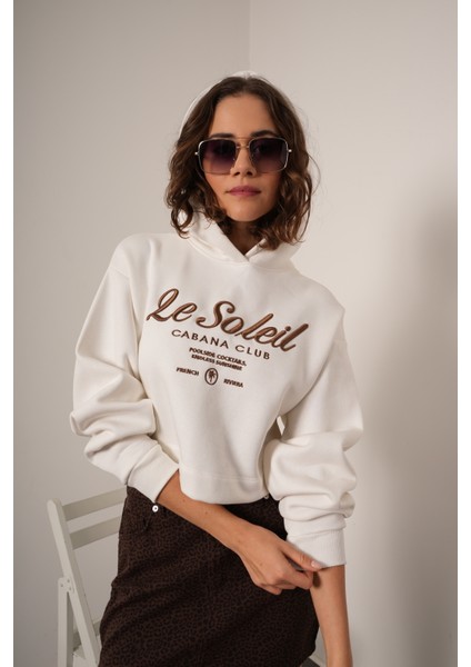 Le Soleil Nakışlı Kapüşonlu Ekru Crop Sweatshirt