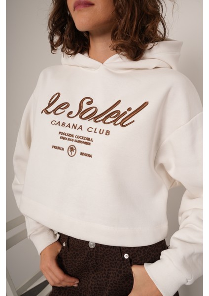 Le Soleil Nakışlı Kapüşonlu Ekru Crop Sweatshirt