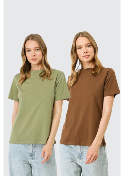 Bisiklet Yaka Kısa Kol 2'li Basic T-Shirt 960 Kahverengi/haki
