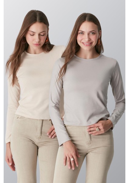 Bisiklet Yaka Uzun Kol 2'li Basic T-Shirt 955 Gri/bej