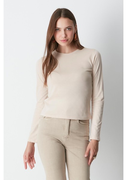 Bisiklet Yaka Uzun Kol 2'li Basic T-Shirt 955 Gri/bej