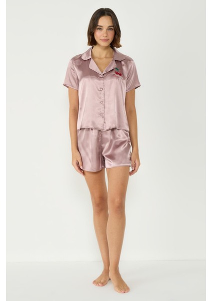 Nakışlı Saten Kısa Kol Şortlu Pijama Takım 033 Vizon