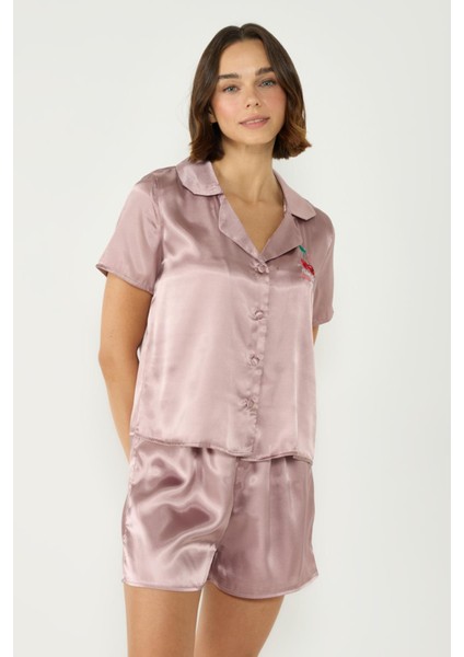 Nakışlı Saten Kısa Kol Şortlu Pijama Takım 033 Vizon modelleri