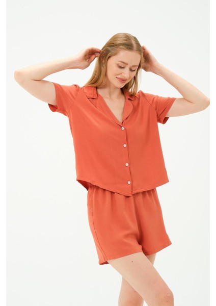 Viskon Gömlek Şort Takım 9156 Tarçın modelleri