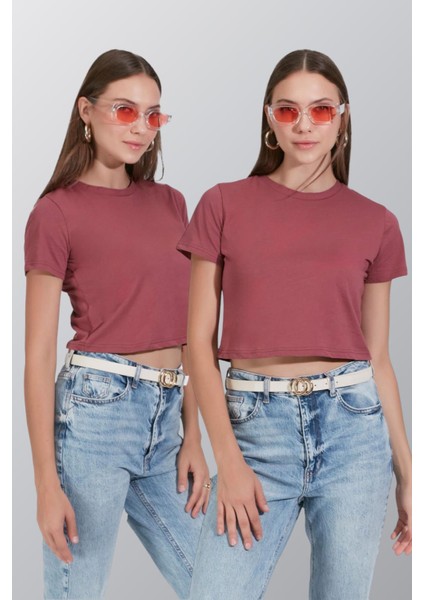 Bisiklet Yaka Kısa Kol 2'li Crop T-Shirt 956 Gül Kurusu
