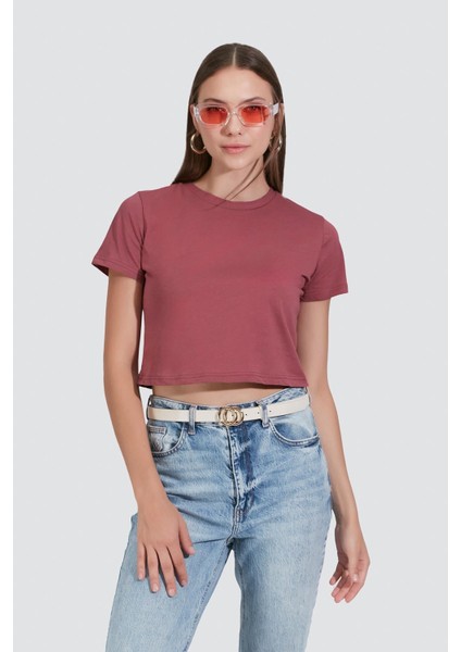 Bisiklet Yaka Kısa Kol 2'li Crop T-Shirt 956 Gül Kurusu modelleri