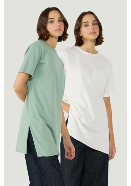 Bisiklet Yaka Yarım Kol Yırtmaçlı 2'li Uzun T-Shirt 963 Ekru/çağla