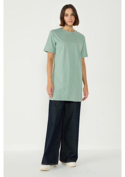 Bisiklet Yaka Yarım Kol Yırtmaçlı 2'li Uzun T-Shirt 963 Ekru/çağla fiyatları