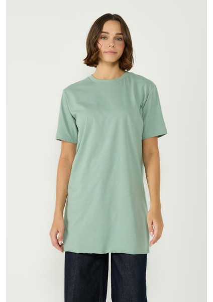 Bisiklet Yaka Yarım Kol Yırtmaçlı 2'li Uzun T-Shirt 963 Ekru/çağla fırsatları