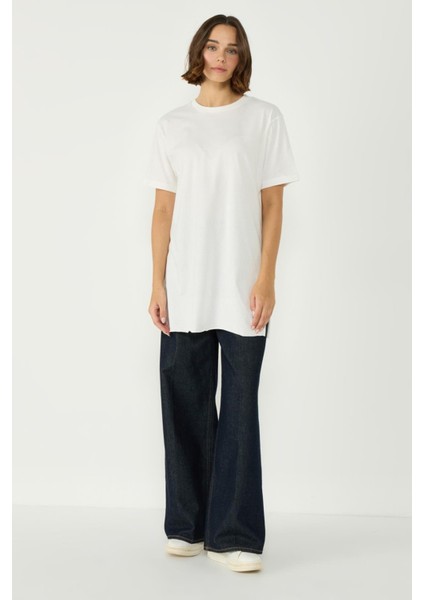 Bisiklet Yaka Yarım Kol Yırtmaçlı 2'li Uzun T-Shirt 963 Ekru/çağla indirimleri